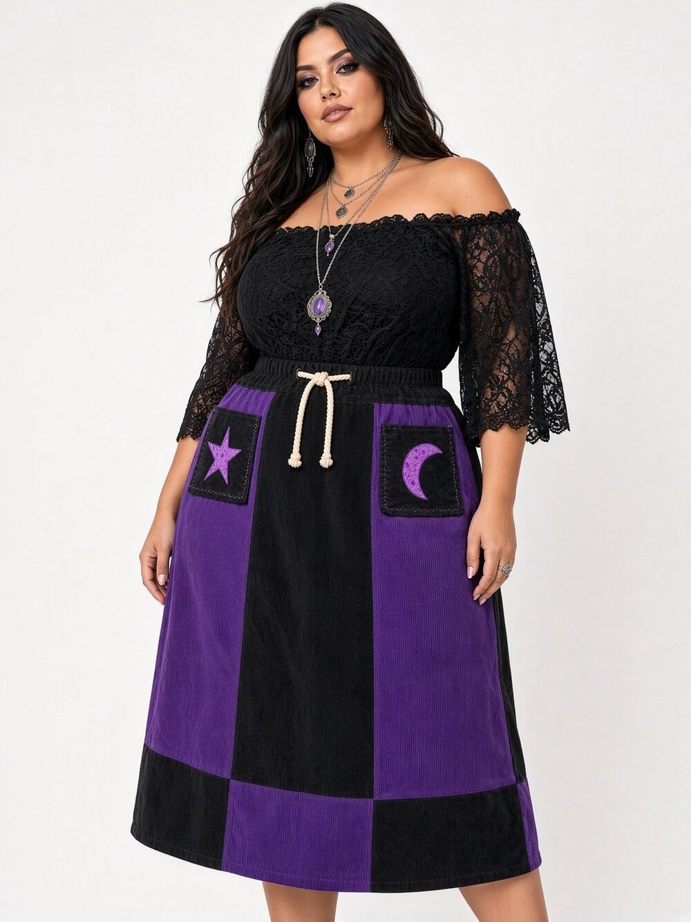 Ancient Oak Farms Black/Purple Corduroy Moon Star Maxi Skirt Drawstring 3X-4X